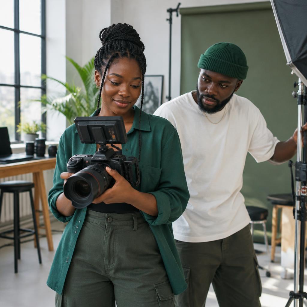 African filmmakers collaborating with professional camera equipment in a bright creative studio